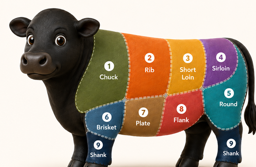 Black Angus beef cut chart with labeled primal cuts